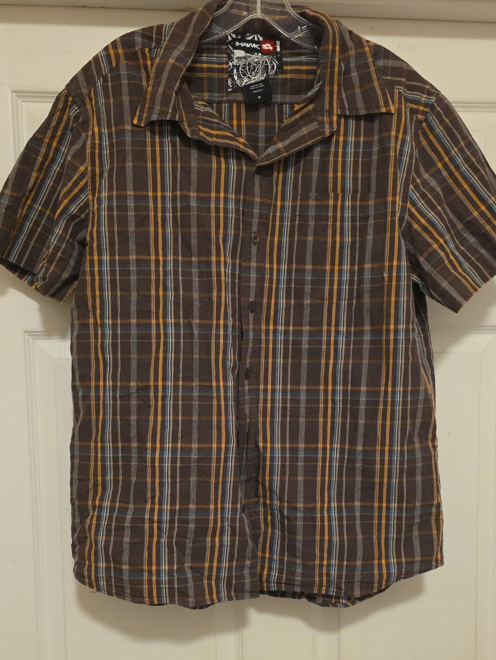 Tony Hawk Mens Brown Plaid Short-Sleeve Button-Up Shirt